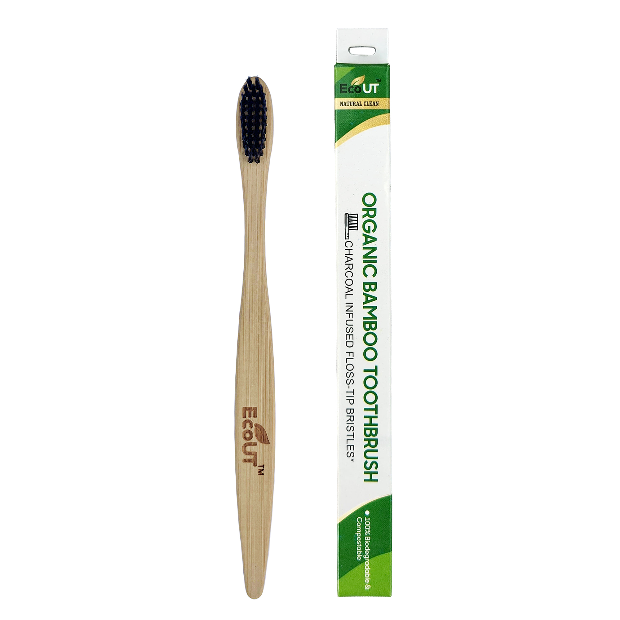 EcoUT Organic Compostable Bamboo Toothbrush with Ultra-Soft Charcoal activated Bristles, 100% Natural & Eco-Friendly