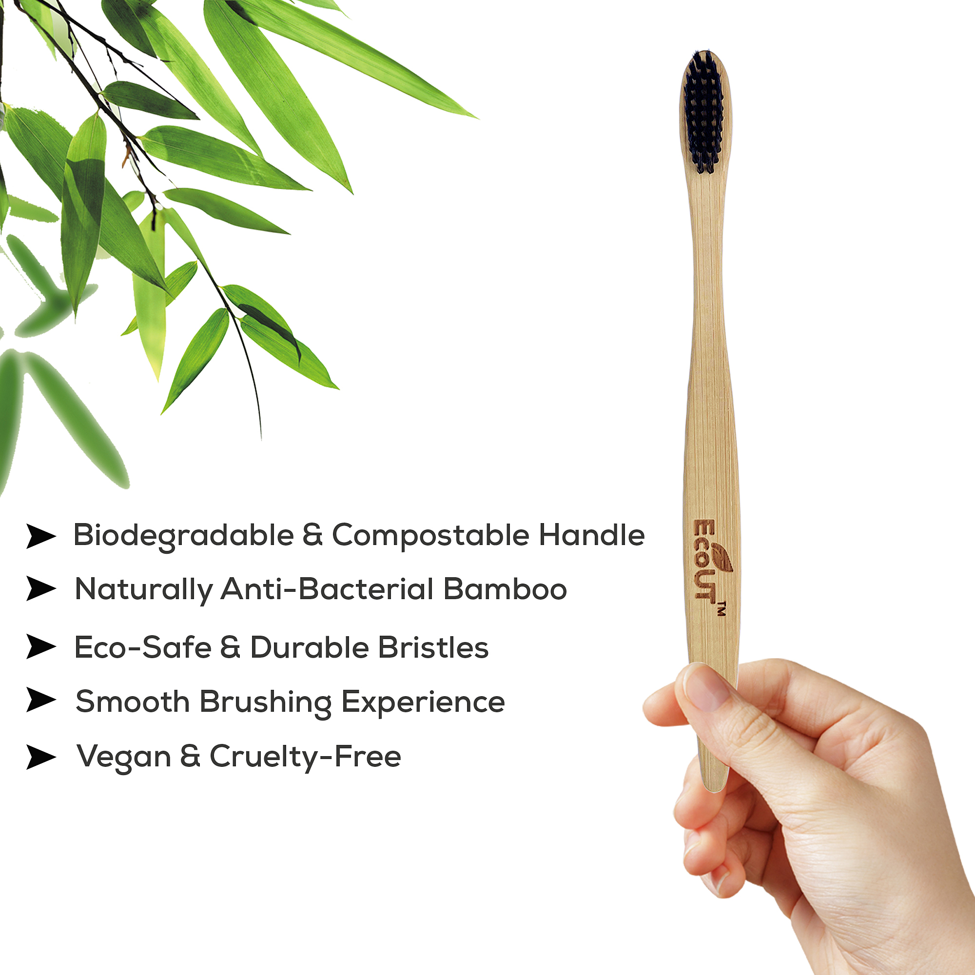 EcoUT Organic Compostable Bamboo Toothbrush with Ultra-Soft Charcoal activated Bristles, 100% Natural & Eco-Friendly - Image 2